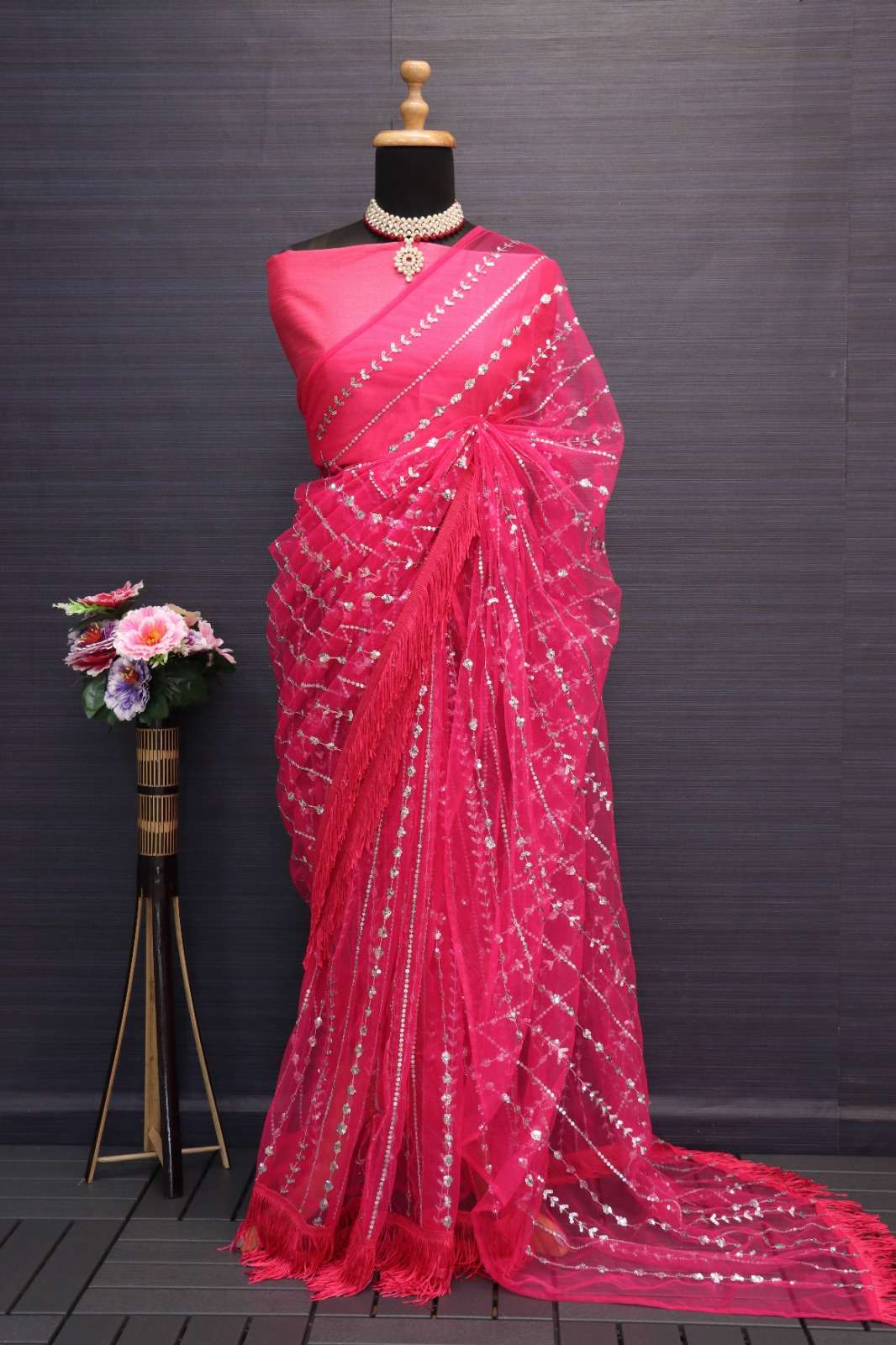 Rani Pink color Butterfly Net with Embroidery work Designer saree collection at best rate